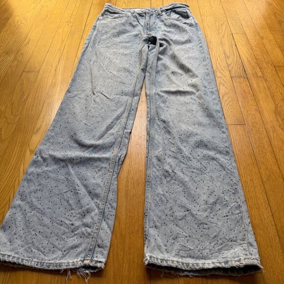 Zara Size 6 Light Wash Denim Rhinestone Embellished Distressed Wide Leg Jeans - Picture 5 of 16